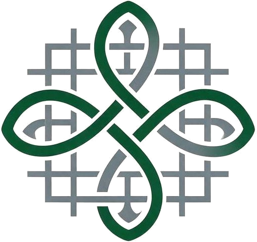 Léargas Institute emblem: a green Celtic knot interlaced with a grey lattice